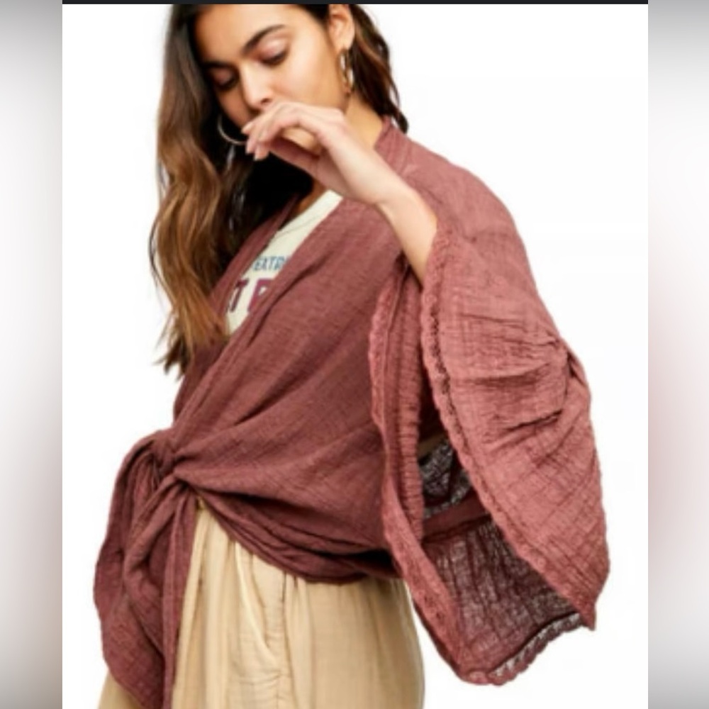 Free People Rosewood Color Poppy Ruffle Sleeves Kimono Size XS-S